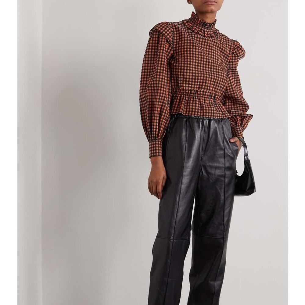 Ganni Ruffled Seersucker Button Neck Open Back Blouse Top Flame Check Women’s 32